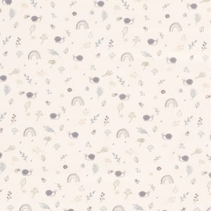 Punto de camiseta caracoles, arcoiris y plantas blanco roto